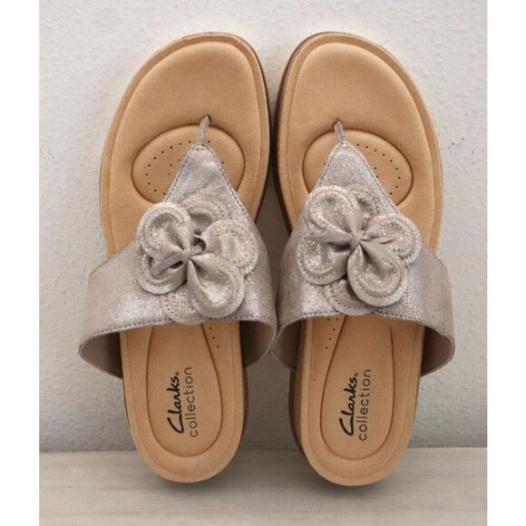 Clarks 26164864 WMN Sz 9M Taupe Metallic Brynn Style Leather Slip-On Sandals - Picture 2 of 10